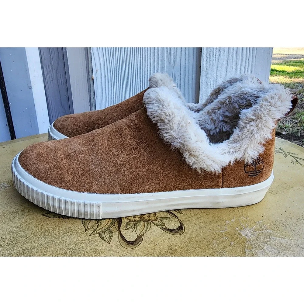 Timberland Sz 7.5 Brown Suede Skyla Sneaker Boots Slip On Faux Fur Trim Cozy
